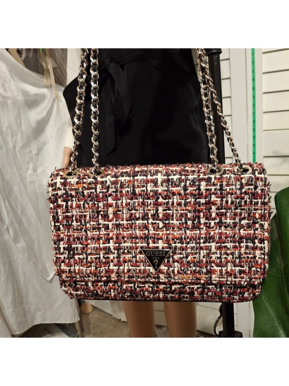 Guess Cessily Black and Red Tweed Shoulder Bag Convertible Bag